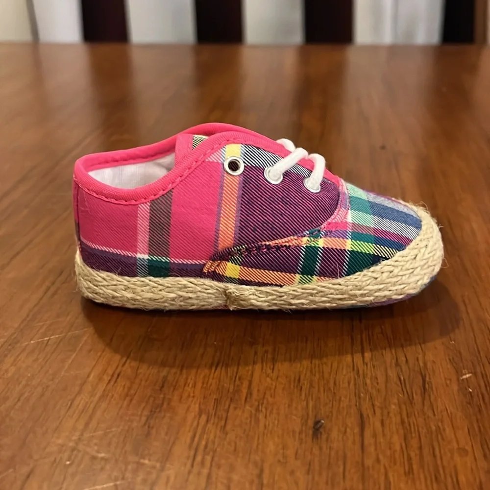 Polo Ralph Lauren Pink Plaid Bowman Lace Crib Shoes Sneakers Girls Baby Size 2